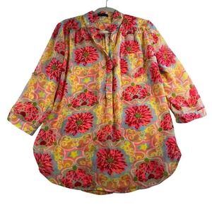 CALS L Large Tunic Top Popover Resort Wear Womens Tropical Sheer Floral Romantic